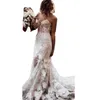 Romantiskt sjöjungfrun Floral Lace Country Wedding Dress 2022 Strapless Sweetheart Corset Bohemian Beach Bridal Gowns Appliques Lång brudklänningar