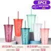 5pcs 플래시 파우더 물 병 빨 대 재사용 가능한 하드 플라스틱 텀블러 뚜껑 커피 컵 Drinkware 크리스마스 선물 220309