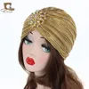 New Fashion Ladies Oro Argento Diamante Gioiello Turbante Cappelli Per Le Donne Chemio Bandana Hijab Pieghettato Berretto Indiano Turbante Cappello