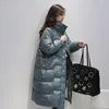 FTLZZ Winter Stand Collar Solid Long Down Jacket Women 90 White Duck Down coat Yellow Down Parka Blue Thick Warm Snow Outerwear LJ201021