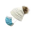 New Popular Handmade Womens Winter Knitted Detachable Wool Ball Hat Wear Mask Button Caps for Sale