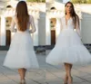 Boho Short Wedding Dress 2022 V-Neck Midi Length Lace Sequins Long Sleeves Beach White Ivory Sheer Illusion Bridal Gown Vestido De Novia