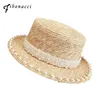 Fibonacci New Pearl Decoration Sun Hat For Women Flat Top Jazz Fedoras Panama Summer Straw Hat Kort Blue Girdle Beach Hats Y200602