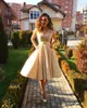 2021 Champagne Prom Dresses Short Satin Scalloped V Neck A Line Sleeveless Knee Length Custom Made Cocktail Evening Party Gown vestidos