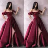 Vintage Off Shoulder Burgundy Evening Dresses A Line Plus Size Long Satin High Side Split Arabic African Formal Celebrity Prom Party Gowns