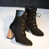 Venda Quente-2020 Elegante das Mulheres Elegantes Botas Elegantes do Inverno Lace Up Pointed Toe Botão Curto Escritório Senhora Super High Heel Shoes Inglaterra Estilo