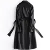 Lautaro long trench-coat en cuir noir pour les femmes à manches longues ceinture épaulettes 2020 femmes mode grande taille pardessus en cuir 6xl 7xl T200805