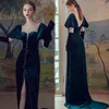 Eleganckie Dark Green Mermaid Suknie Wieczorowe Sweep Pociąg Rękawem Julia Sexy Backless Split Front Długie Formalna okazja Nosić Perły Zroszony Prom