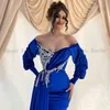 Aso Ebi robe de bal sirène hors épaule bleu Royal velours perles robes de soirée pour les femmes dîner porter robe de soirée￩e de mariage