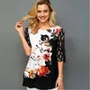 Plus maat 4xl 5xl shirt blouse vrouwelijke lente zomer nieuwe tops o-neck halve mouw kanten splice print boho dames shirt 201201