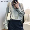 BBTEVEVER CHIC KVINNOR SATIN SKIRTS Långärmad Solid Surn Down Collar Elegant Office Ladies Workwear Blouses Kvinna 220311