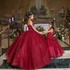 Vestido para quinceañeras color borgoña, vestido De baile dulce 16, Vestidos De tul con encaje y capas De cristal, Vestidos De baile De graduación De princesa, Vestidos De Novia