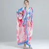 Women's Runway Dresses Sexy V Neck Ruched Loose Design Single Breasted Printed Fashion High Street Long Robes Vestidos