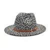 Höst Vinter Kvinnor Ull Fedora Hat Leather Ribbon Leopard Print Elegant Lady Wide Brim Jazz Panama Sombrero Cap