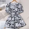 Woherb Strand Stijl Rompertjes Womens Jumpsuit Mode Kleding V-hals Veterschoenen Print Bodysuit Slanke Taille Wide Been Broek Playsuit T200704