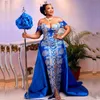 Aso Ebi Meerjungfrau-Abendkleider, blau, schulterfrei, Überrock, Abendkleid, Übergröße, formelle Damenkleider, vorne geteilt, Robe de Soiree de Mariage