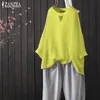 Zanzea kvinnors veckade blus avslappnad ihålig blusa kvinnlig 34 ärmskjorta kvinnlig rullfe tunika plus size linne toppar kaftan t200322