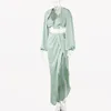 Asia satinado conjunto de dos piezas mujeres otoño manga larga linterna crop top alto faldas divididas 2 ropa de fiesta verde 220221