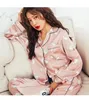 Pigiama estivo in raso di seta Pigiama donna Set Pigiama Mujer Cute Cat Femme Manica lunga Sleepwear Donna Homewear Home Service 201113