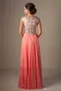 Coral Chiffon Modest Prom Dresses met Cap Mouwen A-Lijn Beaded Crystals Vloer Lengte Universiteit Prom Gowns Custom Made Fast Shipping Heet