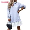 Casual Jurken UGoccam A-Line Lange Mouw Vrouw Jurk Patchwork Turn-Down Kraag Ruffles Young Style Sweet Losse Drure voor dameskleding