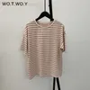 WOTWOY Summer Short Sleeve T-Shirt Striped Knit Basic Casual Tops Feminino Confortável Loose Cotton Tees Harajuku Shirt 220307