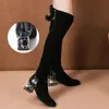 Fashion Over The Knee Long Boots Women Winter Boots Rhinestone High Heels Boots for Women Thick Heel Black Stretch Botas