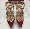 2020 Big Size Designer Pointed Toe 2-Strap with Studs high heels Patent Leather rivets Sandals Women Studded Strappy Dress Shoes Sandals