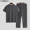 Incerun Summer Men Pijamas Conjunto Solid V pescoço de manga curta calça calças casas casuais respiráveis ​​macios machos conjuntos de roupas de dormir S-5xl T200813