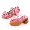 Princess Kids Leather Shoes For Girls Flower Casual Glitter Children High Heel Girls Shoes Butterfly Knot Blue Pink Silver1