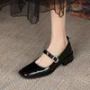 Zapatos de vestir 2022 Cuero genuino Mujeres Moda Mary Janes Bomba Square Toe Slip-On Casual Tacón grueso Hecho a mano