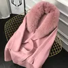 Oftbuy Real Fur Paird Зимняя куртка Женщины натуральные лисы меховые воротники кашемировые шерстяные смеси длинные верхние одежды ремень женской одежды 201218