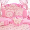 Korean style pink Lace bedspread bedding set king queen 4pcs princess duvet cover bed skirts bedclothes cotton home textile 201114215y