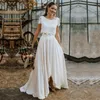 2021 Boho Två bit Bröllopsklänningar Korta ärmar Lace High Low Scoop Neck Custom Made Satin Country Wedding Bridal Gown Vestido de Novia