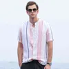 100% Pure Linen Striped Shirts For Men Short Sleeve Casual Stand Collar Hemp Shirts Man Summer Fashion Breathable Tops G0105