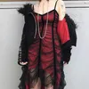 Seksi Kayış Örgü Gotik Elbise Kadın Cadılar Bayramı Kırmızı Siyah Patchwork Pileli Moda Tasarımcısı Yaz Goth Uzun Elbiseler 2020