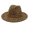 Wide Brim Hats 2021 Men Women Wool Felt Leopard Print Fedora With Belt Buckle Vintage Flat Two Tone Panama Trilby Cap Hat