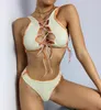 High Neck Hollow Swimsuit Women Knitting Beachsuits 2021 Swim Bandage High Cut Swimwear Mini Thong Bikinis Hot Sale