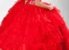 Cute Red Multi Layered Little Girl Party Ball Gowns Halter Beaded Pageant Dresses Halloween Costumes Kids Formal Wear