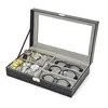 Caixa de armazenamento de óculos Couro sintético de couro transparente caixa de exposição com 6 grades e 3 copos de armazenamento
