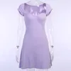 Wannathis Purple Squere Collar Krótki Rękaw Mini Dress Kobiety Slim Dzianiny Elastyczna Solidna Kolor Moda Letnia Elegancka Dress Party Y0118