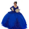 Sparkly Royal Blue Quinceanera Klänningar Vestidos de 15 años Pärlor Sequin Sweet 16 Klänningar Långärmad Tulle Masquerade Prom Birthday Celebrity Party Ball Gowns