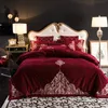 Red Blue Purple Luxury Royal Embroidery Thick Velvet Flannel Bedding Set Fleece Fabric Duvet Cover Bed sheet/Linen Pillowcases T200706