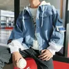 Mens Denim Jacket Hooded Trendy Fashion Hip Hop Streetwer Ripped Denim Jacket Men Jeans Jacket Cowboy Coats Man Clothing 201218
