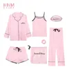 HNM Rose Stripe Imprimer Pyjamas Set Soie Satin Homewear Femme 7 Pièces Ensembles de vêtements de nuit Pyjama Femmes Printemps Été Automne 201217