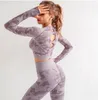 Set da Yoga da donna in 2 pezzi senza cuciture Abbigliamento da palestra Leggings fitness + Camicie corte Tuta sportiva Tuta manica lunga da donna Abbigliamento attivo