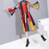 Koreanischen Stil Frauen Lange Flare Hülse Bunte Gedruckt Kleid Rot Patchwork A-Line Dame Stilvolle Midi Party Kleid Robe 5780 201028