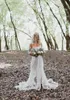 2022 New Boho Country Wedding Dresses Bridal Gown Scalloped V Neck A Line Lace Applique Front Slit 3/4 Long Sleeves Sweep Train Custom Made Plus Size Vestidos De Novia