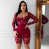 ANJAMANOR Fashion Sexy Rompers Womens Jumpsuit Clubwear Lace Mesh See Through Long Sleeve Bodycon Playsuit Onesie Shorts D36AA23 T200704