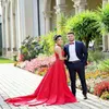 Newest Red Mermaid Wedding Dresses With Detachable Train Dubai Arabia High Neck Bridal Dress Beads Appliqued Custom Made Vestidos De Novia